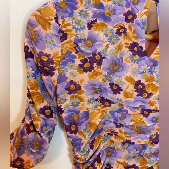 NWT Zara Size S Floral Ruched Mesh Short Sleeve Dress - Picture 6 of 8